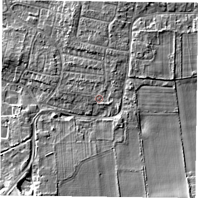 Shaded relief map of the ground around DN76SQ, computed from Environment Agency LiDAR. The ground here sits at about 5 m above sea level and falls 9 m across the surrounding 800 m. Surface water reaching this point runs off ground lying to the north-north-east, 2.1 m higher.