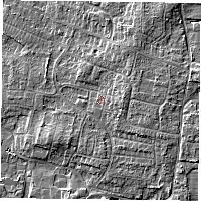 Shaded relief map of the ground around DN76SR, computed from Environment Agency LiDAR. The ground here sits at about 4 m above sea level and falls 6 m across the surrounding 800 m. Surface water reaching this point runs off ground lying to the east-north-east, 2.6 m higher.
