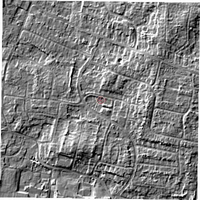 Shaded relief map of the ground around DN76SS, computed from Environment Agency LiDAR. The ground here sits at about 4 m above sea level and falls 6 m across the surrounding 800 m. Surface water reaching this point runs off ground lying to the east, 3.8 m higher.