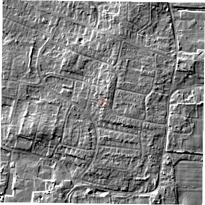 Shaded relief map of the ground around DN76SW, computed from Environment Agency LiDAR. The ground here sits at about 5 m above sea level and falls 7 m across the surrounding 800 m. Surface water reaching this point runs off ground lying to the north-east, 1.5 m higher.