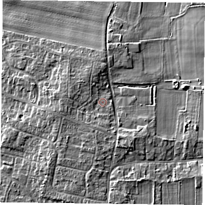 Shaded relief map of the ground around DN76TL, computed from Environment Agency LiDAR. The ground here sits at about 6 m above sea level and falls 6 m across the surrounding 800 m. Surface water reaching this point runs off ground lying to the west-south-west, 1.9 m higher.