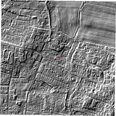 Shaded relief map of the ground around DN76TP, computed from Environment Agency LiDAR. The ground here sits at about 2 m above sea level and falls 6 m across the surrounding 800 m. Surface water reaching this point runs off ground lying to the east-south-east, 5.6 m higher.