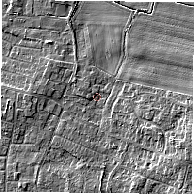 Shaded relief map of the ground around DN76TR, computed from Environment Agency LiDAR. The ground here sits at about 2 m above sea level and falls 7 m across the surrounding 800 m. Surface water reaching this point runs off ground lying to the south-east, 5.8 m higher.