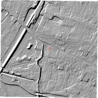 Shaded relief map of the ground around DN84AA, computed from Environment Agency LiDAR. The ground here sits at about 4 m above sea level and falls 9 m across the surrounding 800 m. Surface water reaching this point runs off ground lying to the north-east, 5.4 m higher.