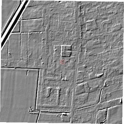 Shaded relief map of the ground around DN84BN, computed from Environment Agency LiDAR. The ground here sits at about 2 m above sea level and falls 14 m across the surrounding 800 m. Surface water reaching this point runs off ground lying to the north, 1.7 m higher.