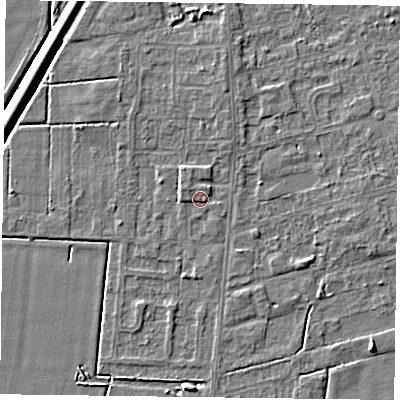 Shaded relief map of the ground around DN84BP, computed from Environment Agency LiDAR. The ground here sits at about 2 m above sea level and falls 5 m across the surrounding 800 m. Surface water reaching this point runs off ground lying to the north-north-east, 1.1 m higher.