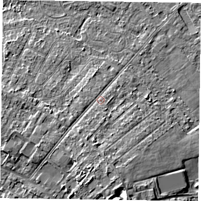 Shaded relief map of the ground around DN84BS, computed from Environment Agency LiDAR. The ground here sits at about 6 m above sea level and falls 8 m across the surrounding 800 m. Surface water reaching this point runs off ground lying to the south, 4.8 m higher.