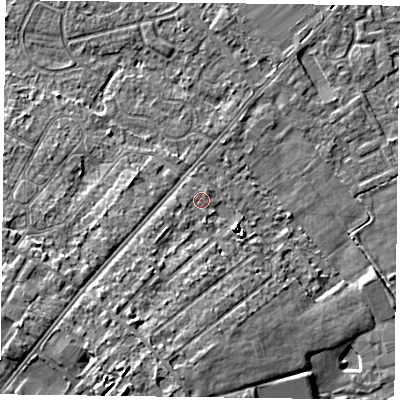 Shaded relief map of the ground around DN84BT, computed from Environment Agency LiDAR. The ground here sits at about 4 m above sea level and falls 9 m across the surrounding 800 m. Surface water reaching this point runs off ground lying to the south-west, 1.3 m higher.