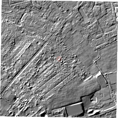 Shaded relief map of the ground around DN84BU, computed from Environment Agency LiDAR. The ground here sits at about 3 m above sea level and falls 9 m across the surrounding 800 m. Surface water reaching this point runs off ground lying to the south-west, 5.9 m higher.