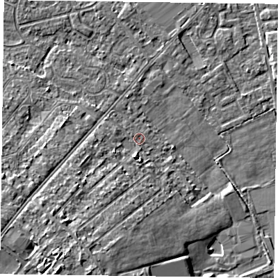 Shaded relief map of the ground around DN84BX, computed from Environment Agency LiDAR. The ground here sits at about 3 m above sea level and falls 9 m across the surrounding 800 m. Surface water reaching this point runs off ground lying to the south-west, 5.9 m higher.