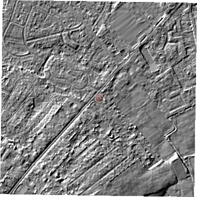 Shaded relief map of the ground around DN84BY, computed from Environment Agency LiDAR. The ground here sits at about 3 m above sea level and falls 8 m across the surrounding 800 m. Surface water reaching this point runs off ground lying to the south-south-west, 6.2 m higher.