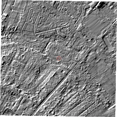 Shaded relief map of the ground around DN84DA, computed from Environment Agency LiDAR. The ground here sits at about 3 m above sea level and falls 8 m across the surrounding 800 m. Surface water reaching this point runs off ground lying to the south-west, 6.3 m higher.