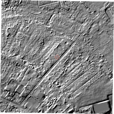 Shaded relief map of the ground around DN84DE, computed from Environment Agency LiDAR. The ground here sits at about 6 m above sea level and falls 8 m across the surrounding 800 m. Surface water reaching this point runs off ground lying to the south-west, 3.7 m higher.
