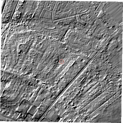 Shaded relief map of the ground around DN84DF, computed from Environment Agency LiDAR. The ground here sits at about 4 m above sea level and falls 9 m across the surrounding 800 m. Surface water reaching this point runs off ground lying to the south-south-west, 5.3 m higher.