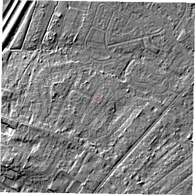 Shaded relief map of the ground around DN84DJ, computed from Environment Agency LiDAR. The ground here sits at about 5 m above sea level and falls 8 m across the surrounding 800 m. Surface water reaching this point runs off ground lying to the south-west, 4.4 m higher.