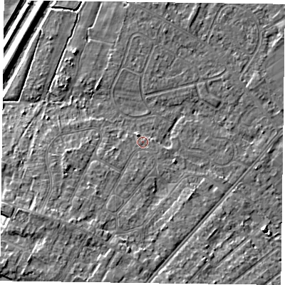 Shaded relief map of the ground around DN84DL, computed from Environment Agency LiDAR. The ground here sits at about 4 m above sea level and falls 8 m across the surrounding 800 m. Surface water reaching this point runs off ground lying to the south-west, 5.7 m higher.