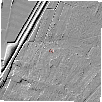 Shaded relief map of the ground around DN84DP, computed from Environment Agency LiDAR. The ground here sits at about 4 m above sea level and falls 10 m across the surrounding 800 m. Surface water reaching this point runs off ground lying to the south-south-west, 4.6 m higher.