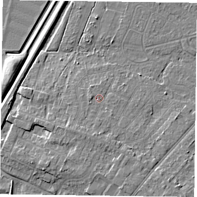 Shaded relief map of the ground around DN84DW, computed from Environment Agency LiDAR. The ground here sits at about 6 m above sea level and falls 9 m across the surrounding 800 m. Surface water reaching this point runs off ground lying to the south-west, 3.5 m higher.