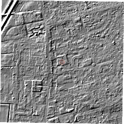 Shaded relief map of the ground around DN84DX, computed from Environment Agency LiDAR. The ground here sits at about 2 m above sea level and falls 5 m across the surrounding 800 m. Surface water reaching this point runs off ground lying to the west-north-west, 1.2 m higher.