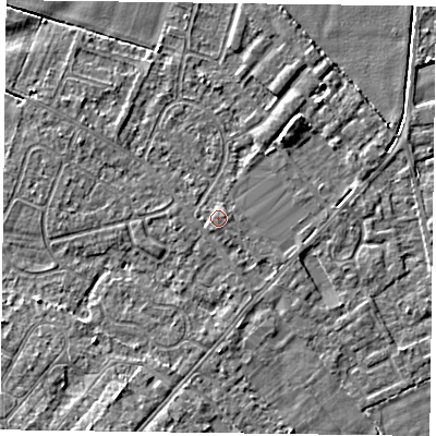Shaded relief map of the ground around DN84DY, computed from Environment Agency LiDAR. The ground here sits at about 3 m above sea level and falls 6 m across the surrounding 800 m. Surface water reaching this point runs off ground lying to the south-south-west, 0.8 m higher.