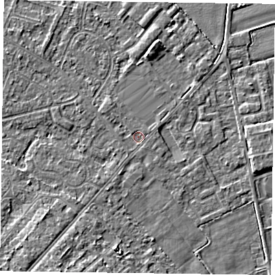 Shaded relief map of the ground around DN84EA, computed from Environment Agency LiDAR. The ground here sits at about 2 m above sea level and falls 6 m across the surrounding 800 m. Surface water reaching this point runs off ground lying to the north-west, 0.9 m higher.