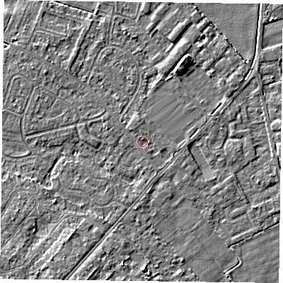 Shaded relief map of the ground around DN84EE, computed from Environment Agency LiDAR. The ground here sits at about 3 m above sea level and falls 6 m across the surrounding 800 m. Surface water reaching this point runs off ground lying to the south-west, 5.2 m higher.
