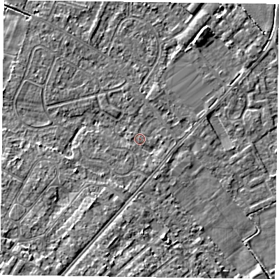 Shaded relief map of the ground around DN84EF, computed from Environment Agency LiDAR. The ground here sits at about 3 m above sea level and falls 7 m across the surrounding 800 m. Surface water reaching this point runs off ground lying to the south-south-west, 5.4 m higher.