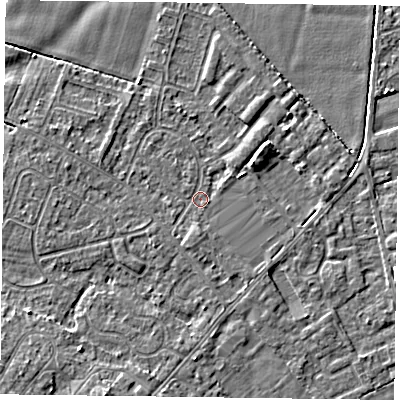 Shaded relief map of the ground around DN84EG, computed from Environment Agency LiDAR. The ground here sits at about 2 m above sea level and falls 5 m across the surrounding 800 m. Surface water reaching this point runs off ground lying to the south-south-west, 1.1 m higher.
