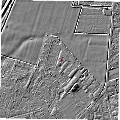 Shaded relief map of the ground around DN84EN, computed from Environment Agency LiDAR. The ground here sits at about 3 m above sea level and falls 6 m across the surrounding 800 m. Surface water reaching this point runs off ground lying to the west-south-west, 1.4 m higher.