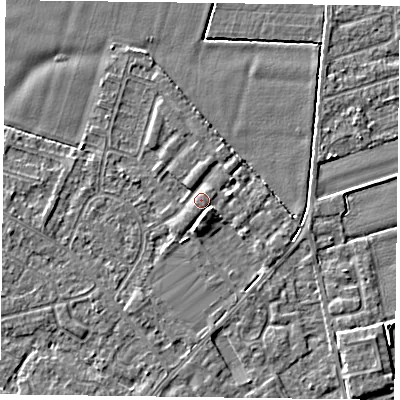 Shaded relief map of the ground around DN84EQ, computed from Environment Agency LiDAR. The ground here sits at about 3 m above sea level and falls 4 m across the surrounding 800 m. Surface water reaching this point runs off ground lying to the north-north-east, 0.8 m higher.