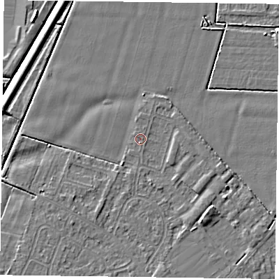 Shaded relief map of the ground around DN84ER, computed from Environment Agency LiDAR. The ground here sits at about 2 m above sea level and falls 5 m across the surrounding 800 m. Surface water reaching this point runs off ground lying to the south-west, 1.4 m higher.