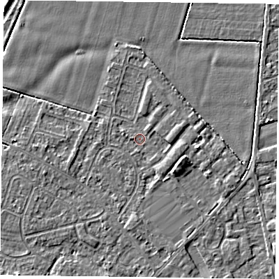 Shaded relief map of the ground around DN84ES, computed from Environment Agency LiDAR. The ground here sits at about 2 m above sea level and falls 5 m across the surrounding 800 m. Surface water reaching this point runs off ground lying to the west-south-west, 1.3 m higher.