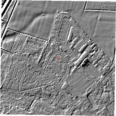 Shaded relief map of the ground around DN84ET, computed from Environment Agency LiDAR. The ground here sits at about 3 m above sea level and falls 5 m across the surrounding 800 m. Surface water reaching this point runs off ground lying to the west, 1.1 m higher.