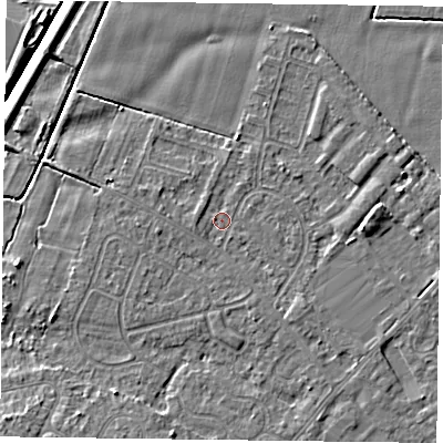 Shaded relief map of the ground around DN84EU, computed from Environment Agency LiDAR. The ground here sits at about 3 m above sea level and falls 6 m across the surrounding 800 m. Surface water reaching this point runs off ground lying to the west, 1.1 m higher.