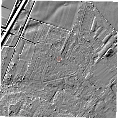 Shaded relief map of the ground around DN84EY, computed from Environment Agency LiDAR. The ground here sits at about 3 m above sea level and falls 7 m across the surrounding 800 m. Surface water reaching this point runs off ground lying to the west-north-west, 1.0 m higher.