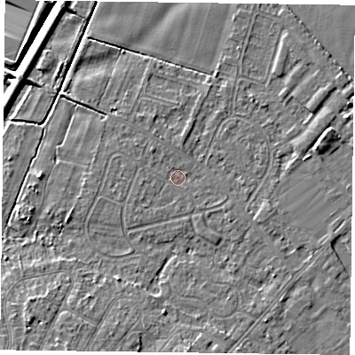 Shaded relief map of the ground around DN84EZ, computed from Environment Agency LiDAR. The ground here sits at about 3 m above sea level and falls 7 m across the surrounding 800 m. Surface water reaching this point runs off ground lying to the north-west, 1.0 m higher.