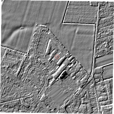Shaded relief map of the ground around DN84FA, computed from Environment Agency LiDAR. The ground here sits at about 3 m above sea level and falls 4 m across the surrounding 800 m. The ground contributing surface water to this point lies to the north-east.