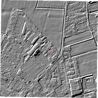 Shaded relief map of the ground around DN84FB, computed from Environment Agency LiDAR. The ground here sits at about 3 m above sea level and falls 6 m across the surrounding 800 m. Surface water reaching this point runs off ground lying to the south-south-east, 0.8 m higher.