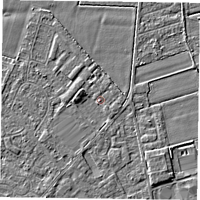 Shaded relief map of the ground around DN84FE, computed from Environment Agency LiDAR. The ground here sits at about 3 m above sea level and falls 5 m across the surrounding 800 m. Surface water reaching this point runs off ground lying to the west, 2.2 m higher.