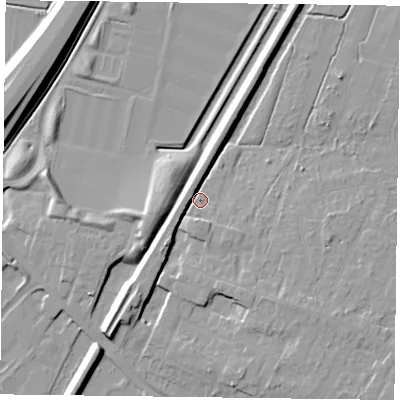 Shaded relief map of the ground around DN84FG, computed from Environment Agency LiDAR. The ground here sits at about 5 m above sea level and falls 12 m across the surrounding 800 m. Surface water reaching this point runs off ground lying to the south-west, 7.0 m higher.