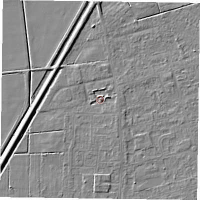 Shaded relief map of the ground around DN84FJ, computed from Environment Agency LiDAR. The ground here sits at about 3 m above sea level and falls 5 m across the surrounding 800 m. Surface water reaching this point runs off ground lying to the east-north-east, 2.8 m higher.