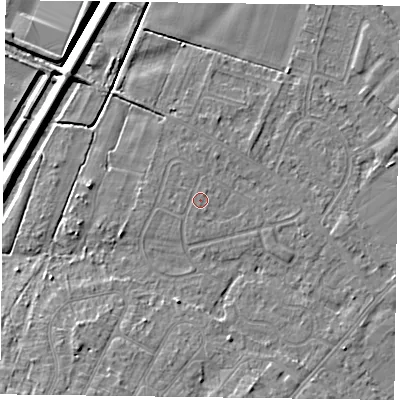 Shaded relief map of the ground around DN84HB, computed from Environment Agency LiDAR. The ground here sits at about 3 m above sea level and falls 7 m across the surrounding 800 m. The ground contributing surface water to this point lies to the north-north-west.