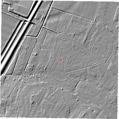 Shaded relief map of the ground around DN84HD, computed from Environment Agency LiDAR. The ground here sits at about 3 m above sea level and falls 8 m across the surrounding 800 m. The ground contributing surface water to this point lies to the east-south-east.