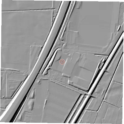 Shaded relief map of the ground around DN84HF, computed from Environment Agency LiDAR. The ground here sits at about 3 m above sea level and falls 11 m across the surrounding 800 m. Surface water reaching this point runs off ground lying to the east, 1.4 m higher.