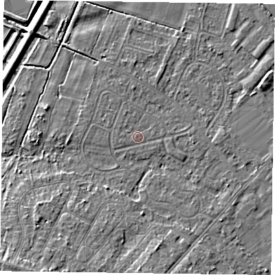 Shaded relief map of the ground around DN84HH, computed from Environment Agency LiDAR. The ground here sits at about 3 m above sea level and falls 9 m across the surrounding 800 m. The ground contributing surface water to this point lies to the north-west.