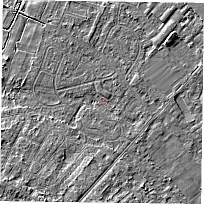 Shaded relief map of the ground around DN84HJ, computed from Environment Agency LiDAR. The ground here sits at about 2 m above sea level and falls 8 m across the surrounding 800 m. Surface water reaching this point runs off ground lying to the south-west, 6.5 m higher.