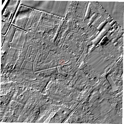 Shaded relief map of the ground around DN84HL, computed from Environment Agency LiDAR. The ground here sits at about 3 m above sea level and falls 7 m across the surrounding 800 m. The ground contributing surface water to this point lies to the south-west.