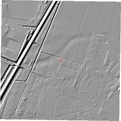 Shaded relief map of the ground around DN84HP, computed from Environment Agency LiDAR. The ground here sits at about 2 m above sea level and falls 7 m across the surrounding 800 m. Surface water reaching this point runs off ground lying to the south, 2.0 m higher.