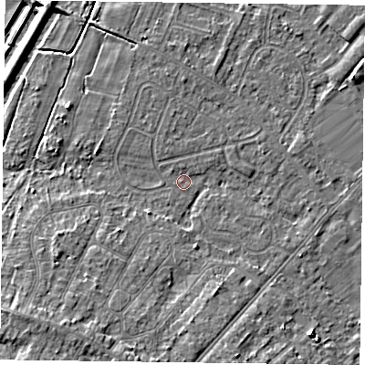 Shaded relief map of the ground around DN84HQ, computed from Environment Agency LiDAR. The ground here sits at about 3 m above sea level and falls 9 m across the surrounding 800 m. Surface water reaching this point runs off ground lying to the south-west, 6.8 m higher.