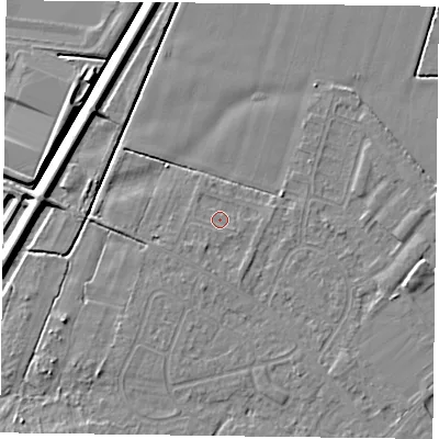 Shaded relief map of the ground around DN84HR, computed from Environment Agency LiDAR. The ground here sits at about 3 m above sea level and falls 6 m across the surrounding 800 m. Surface water reaching this point runs off ground lying to the south-east, 0.7 m higher.